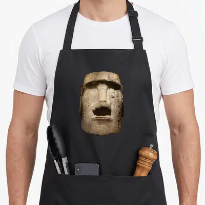 Island easter apron - Centered tan and brown photo print of a Moai stone head statue — shown on a black cotton canvas apron against a white background