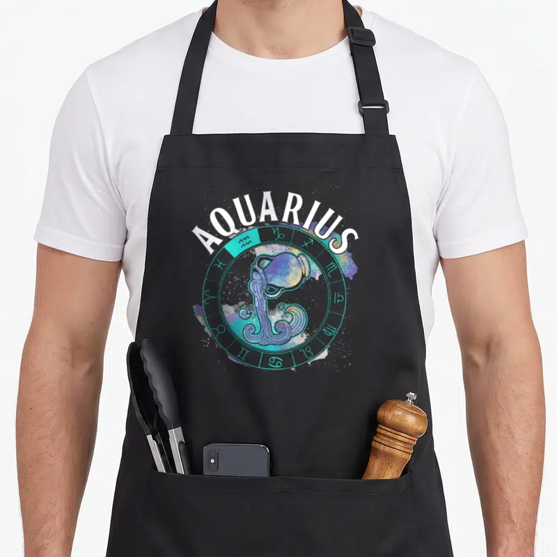 Zwa zodiac aprons - AQUARIUS text over teal zodiac wheel with multicolor water jar pouring liquid — shown on a black cotton canvas apron against a white background