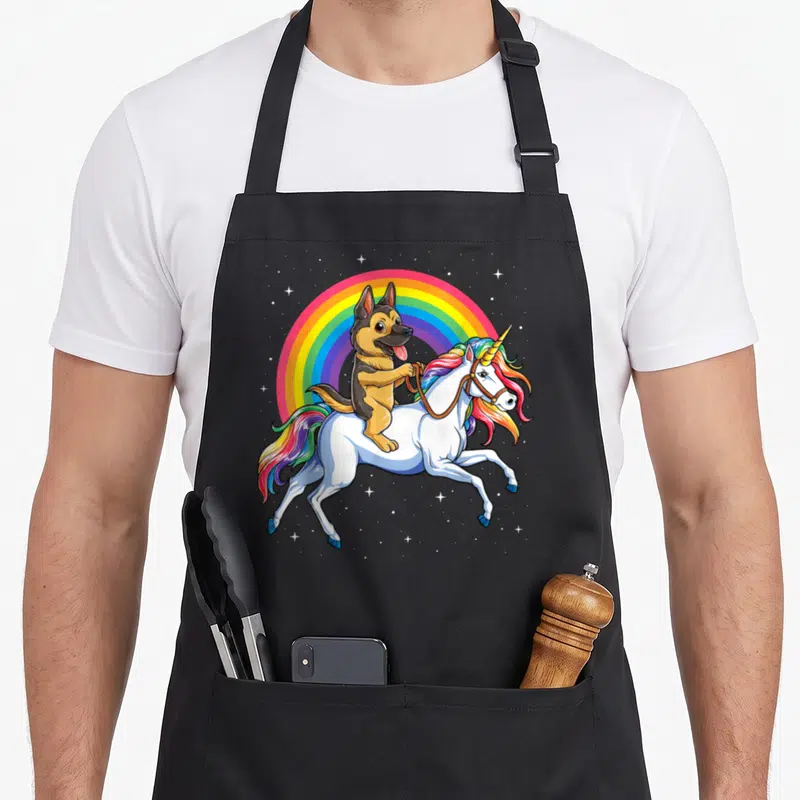 Unicorn german apron - German Shepherd puppy riding white unicorn with rainbow and stars — shown on a black cotton canvas apron against a white background