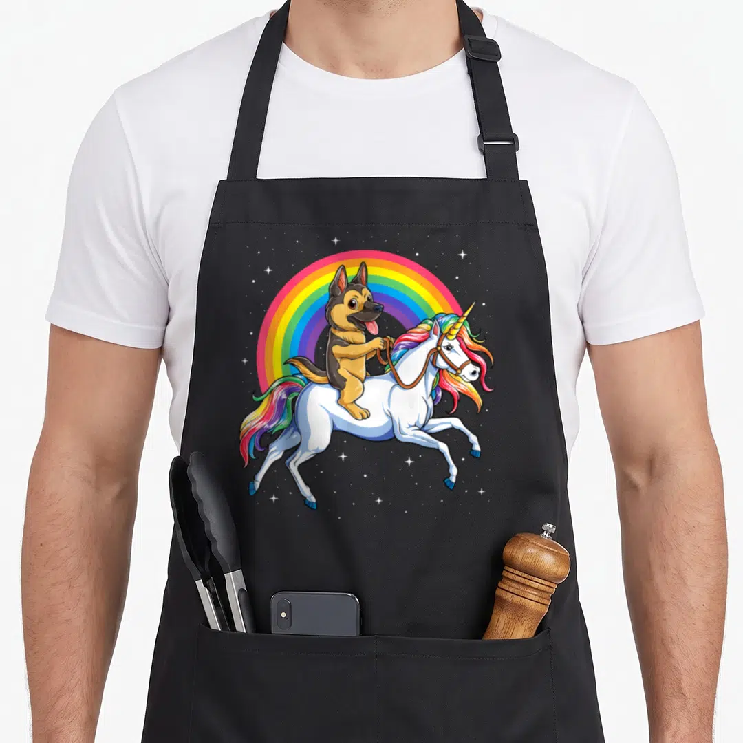 Unicorn german apron - German Shepherd puppy riding white unicorn with rainbow and stars — shown on a black cotton canvas apron against a white background
