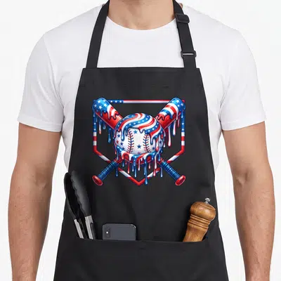 Flag drip apron - Red white blue baseball and crossed bats with dripping paint in a hexagon frame — shown on a black cotton canvas apron against a white background