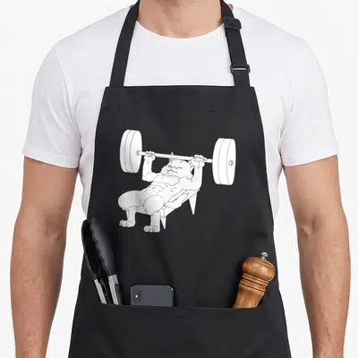Bench cat apron - White line art of a muscular cat bench pressing a barbell on a gym bench — shown on a black cotton canvas apron against a white background