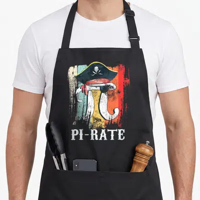 Rate geek apron - Distressed pi symbol in pirate hat on colored stripes with PI-RATE text below — shown on a black cotton canvas apron against a white background