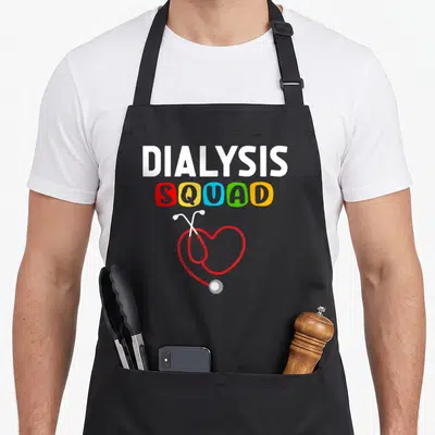 Dialysis squad nurse apron - Stacked DIALYSIS SQUAD text above a red heart-shaped stethoscope in cartoon style — shown on a black cotton canvas apron against a white background