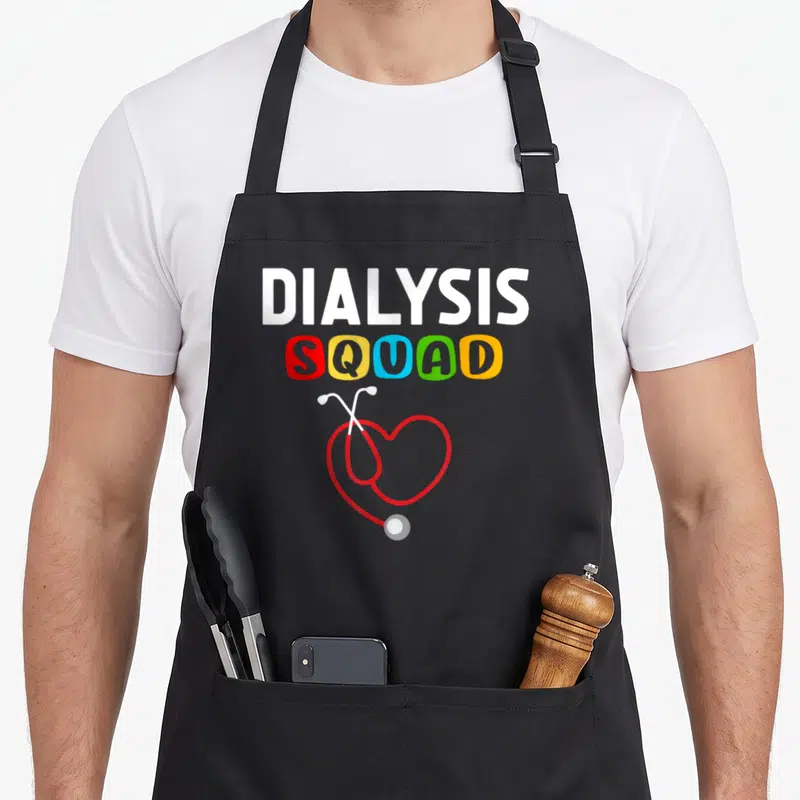 Dialysis squad nurse apron - Stacked DIALYSIS SQUAD text above a red heart-shaped stethoscope in cartoon style — shown on a black cotton canvas apron against a white background
