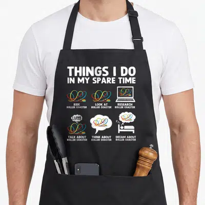 Roller spare time apron - Six cartoon roller coaster scenes with text Ride Look At Research Talk About Think About — shown on a black cotton canvas apron against a white background