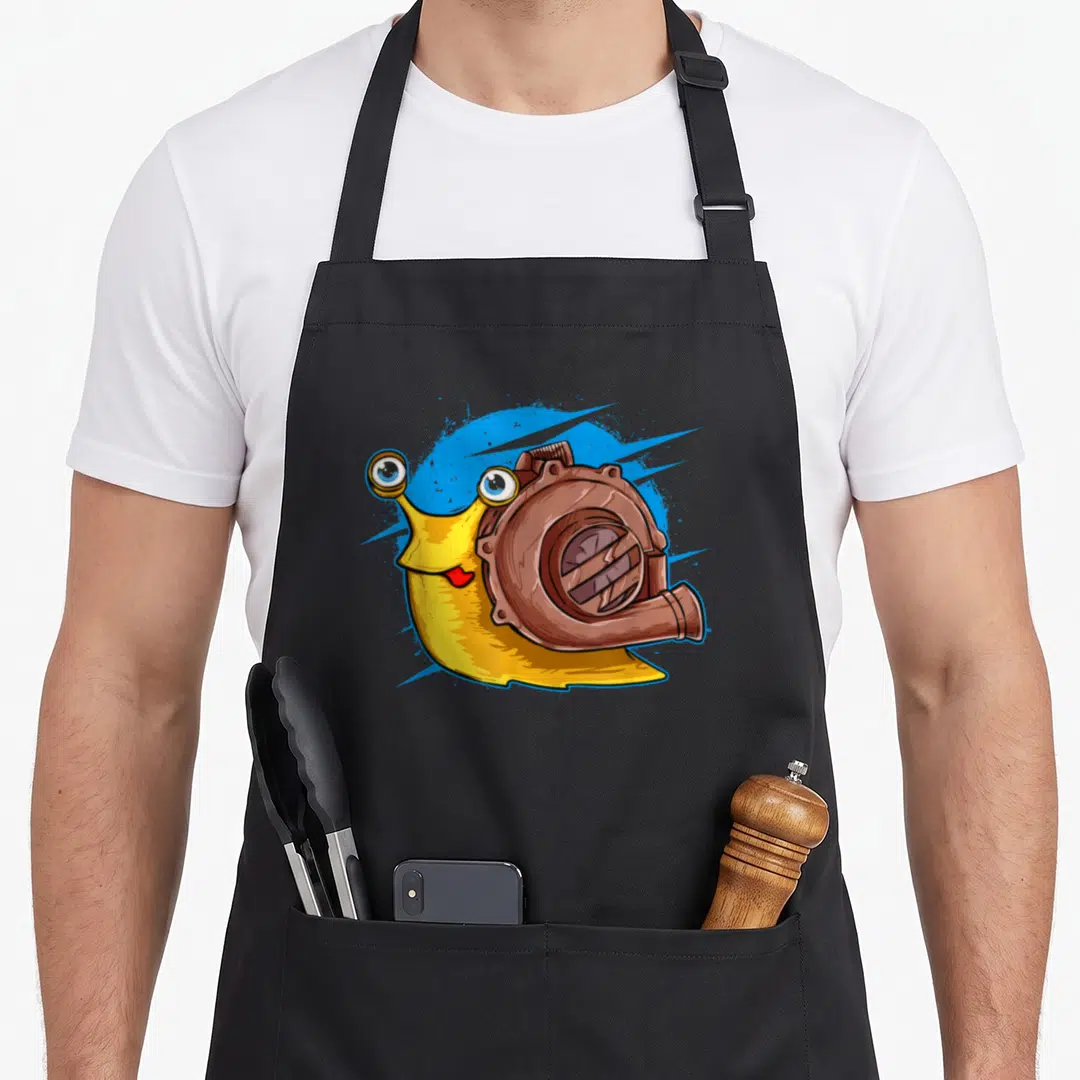 Snail car apron - Yellow cartoon snail with brown turbocharger shell on blue splash — shown on a black cotton canvas apron against a white background