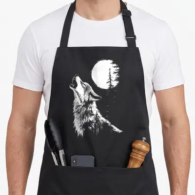 Howling animal apron - White line art wolf howling at moon with pine tree silhouette on dark background — shown on a black cotton canvas apron against a white background