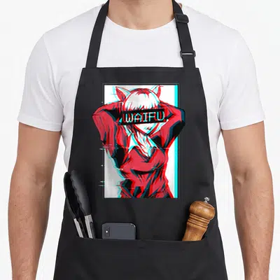 Waifu cat apron - Anime girl with cat ears, WAIFU text bar, glitch effect in red cyan black white — shown on a black cotton canvas apron against a white background