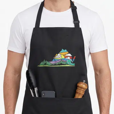 Virginia outdoor apron - Virginia state outline containing mountains, a sun, and a wave in blue, green, yellow, purple — shown on a black cotton canvas apron against a white background