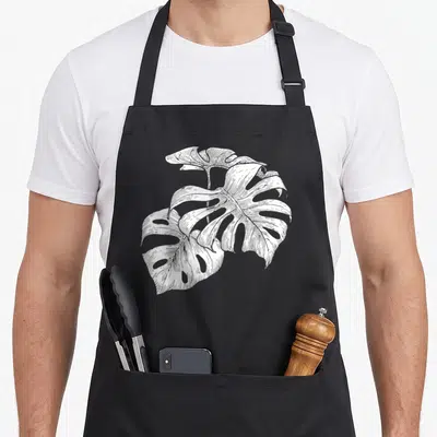 Philodendron swiss apron - White line art drawing of three monstera leaves with fenestrations on a dark background — shown on a black cotton canvas apron against a white background