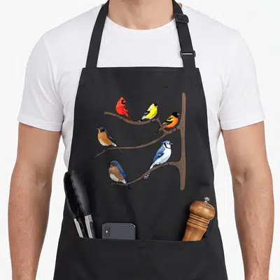 Watching birder bird apron - Six cartoon birds in red yellow orange blue perched on brown branch — shown on a black cotton canvas apron against a white background