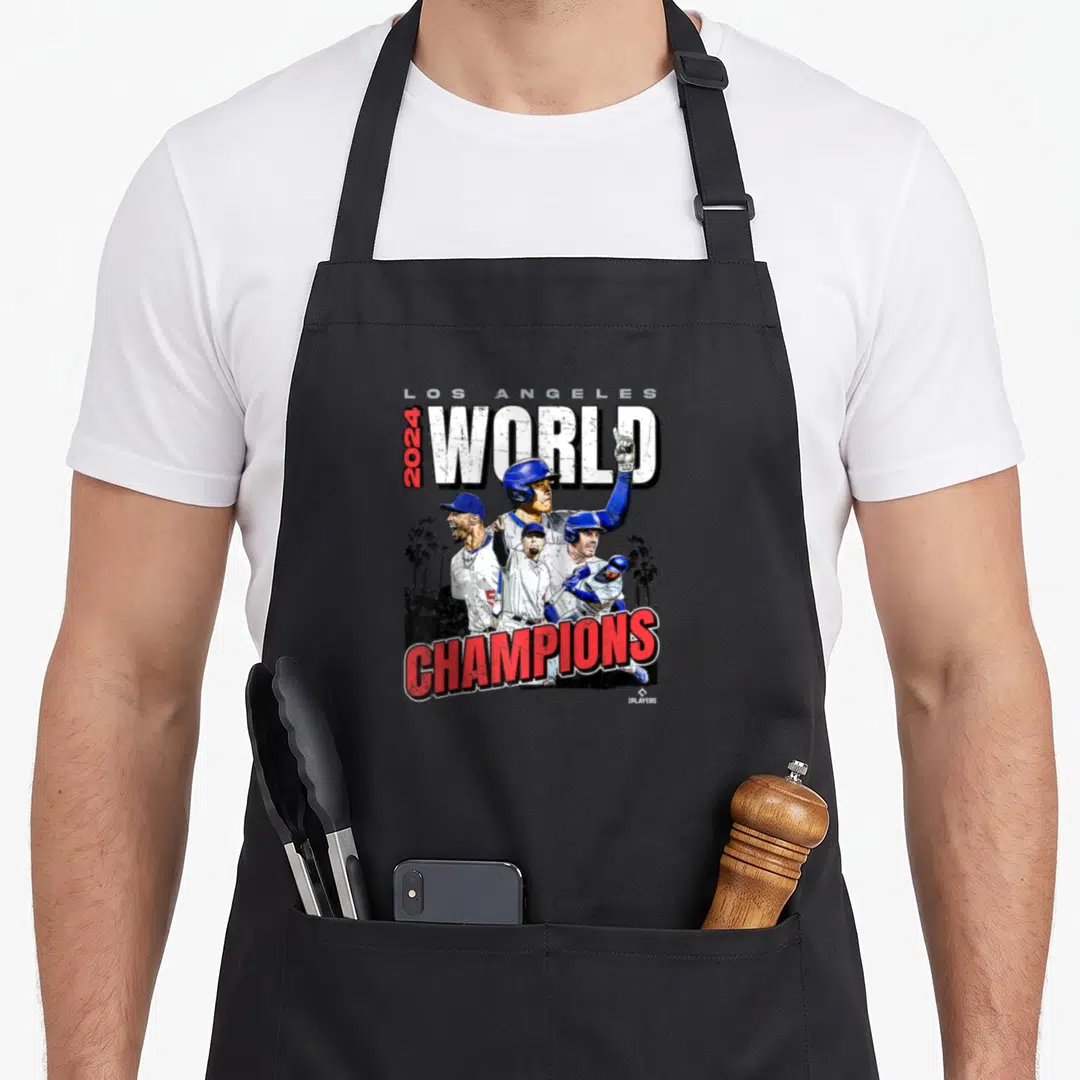 Champion baseball apron - Four baseball players with palm trees and text reading Los Angeles 2024 World Champions — shown on a black cotton canvas apron against a white background