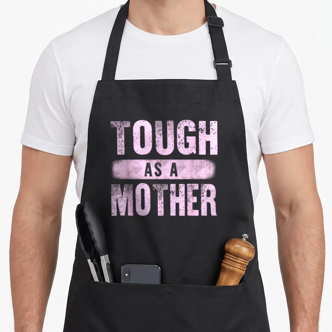 Strong mama mother's day aprons - Pink and grey typography reading tough as a mother stacked in three lines — shown on a black cotton canvas apron against a white background