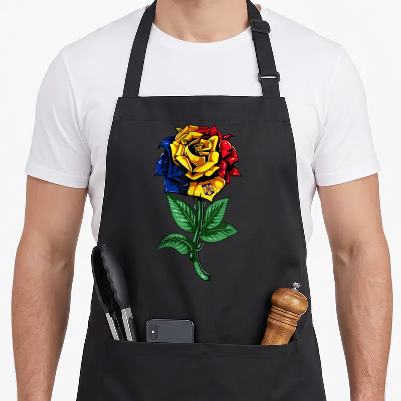 Funny romania romanian apron - Cartoon rose with yellow blue red petals and coat of arms on green stem — shown on a black cotton canvas apron against a white background