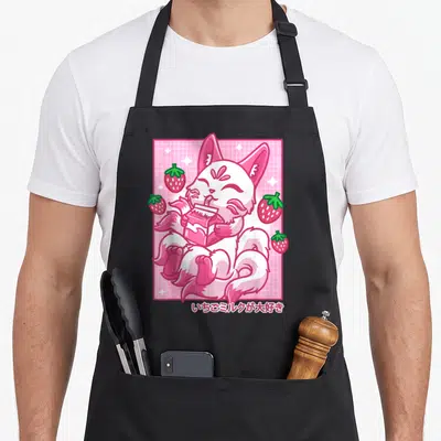 Milk kawaii aprons - Pink and white fox drinking from carton with strawberries and Japanese text on pink grid — shown on a black cotton canvas apron against a white background
