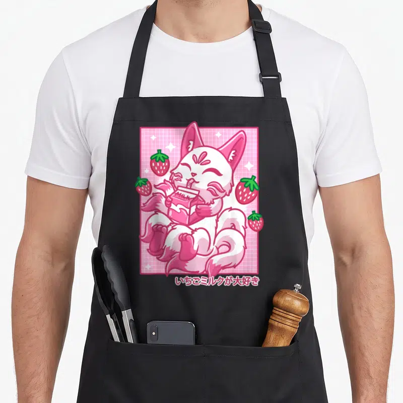 Milk kawaii aprons - Pink and white fox drinking from carton with strawberries and Japanese text on pink grid — shown on a black cotton canvas apron against a white background