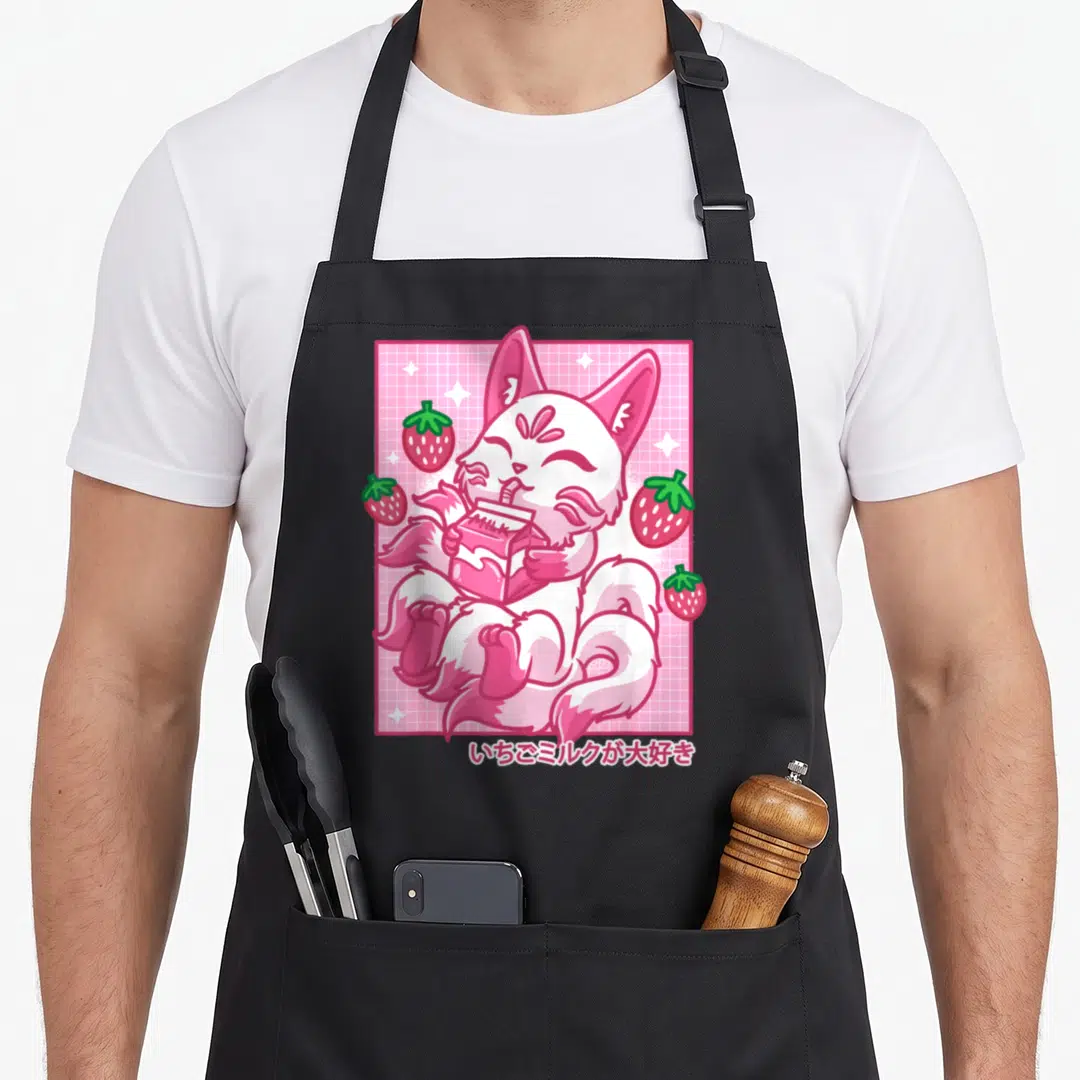 Milk kawaii aprons - Pink and white fox drinking from carton with strawberries and Japanese text on pink grid — shown on a black cotton canvas apron against a white background