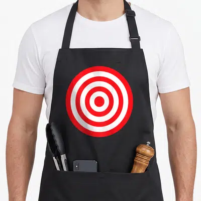 Bullseye prank apron - Concentric red and white circles forming a minimalist target pattern — shown on a black cotton canvas apron against a white background