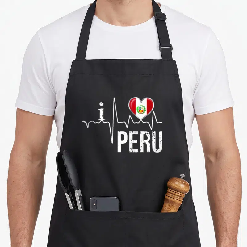 Heartbeat flag pride apron - White heartbeat line connects lowercase i to a heart with Peru flag and bold PERU text — shown on a black cotton canvas apron against a white background