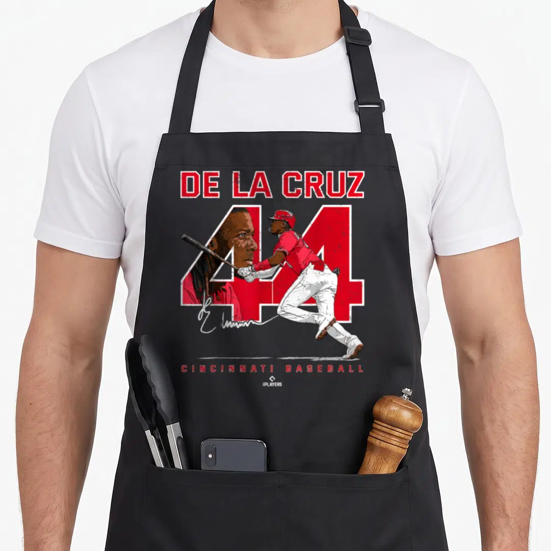 Number cincinnati apron - Red 44 with player portrait and signature on black bib apron — shown on a black cotton canvas apron against a white background