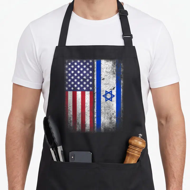 Israeli israel american flag apron - Distressed American and Israeli flags side-by-side in blue white and red — shown on a black cotton canvas apron against a white background