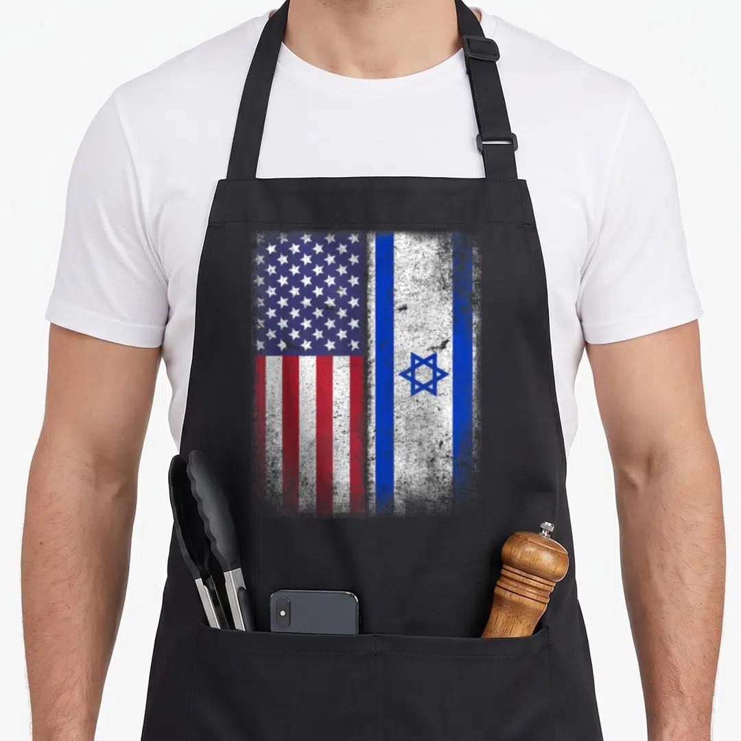 Israeli israel american flag apron - Distressed American and Israeli flags side-by-side in blue white and red — shown on a black cotton canvas apron against a white background