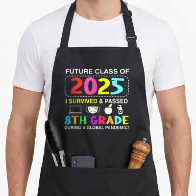 Survived future class apron - FUTURE CLASS OF 2025 I SURVIVED PASSED 8TH GRADE text with laptop mask apple sanitizer — shown on a black cotton canvas apron against a white background