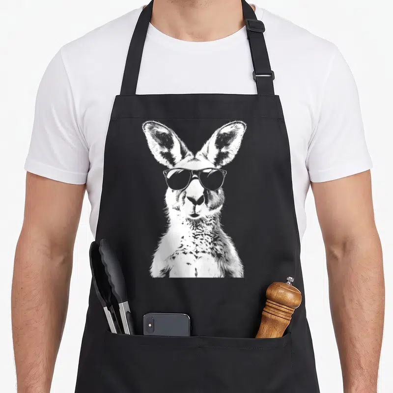 Sunglass kangaroo apron - White line-art kangaroo wearing sunglasses shown from the chest up — shown on a black cotton canvas apron against a white background