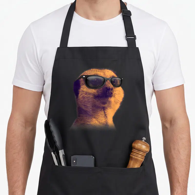 Meerkat farm apron - Meerkat head and shoulders in orange and purple wearing black star-accented sunglasses, photo style — shown on a black cotton canvas apron against a white background