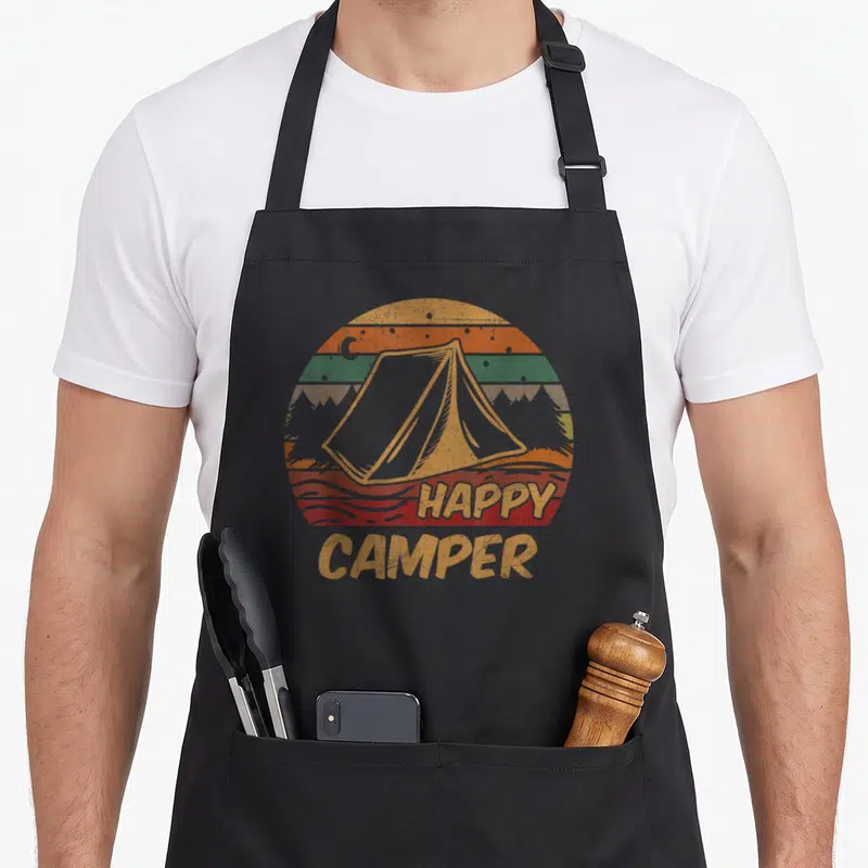 Campsite happy camper apron - Retro tent centered in a striped sunset circle with moon and trees above HAPPY CAMPER text — shown on a black cotton canvas apron against a white background