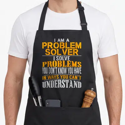 Problem solver apron - Orange and white stenciled text reading I AM A PROBLEM SOLVER stacked vertically — shown on a black cotton canvas apron against a white background