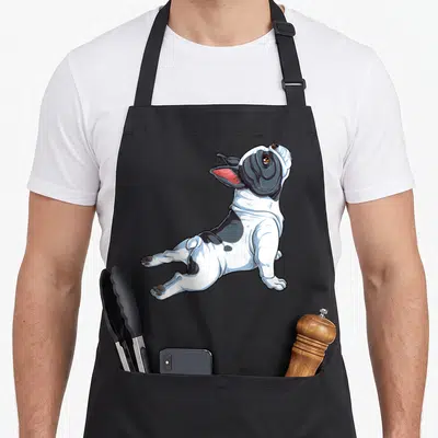 Yoga french bulldog apron - Cartoon French Bulldog in seated meditation pose with white, black and grey markings — shown on a black cotton canvas apron against a white background