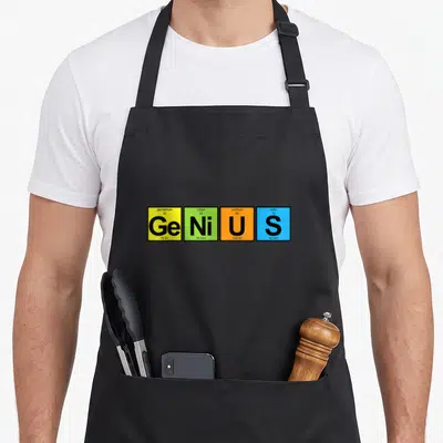 Genius table apron - Four colored squares spelling GENIUS using Germanium, Nickel, Uranium, and Sulfur symbols — shown on a black cotton canvas apron against a white background
