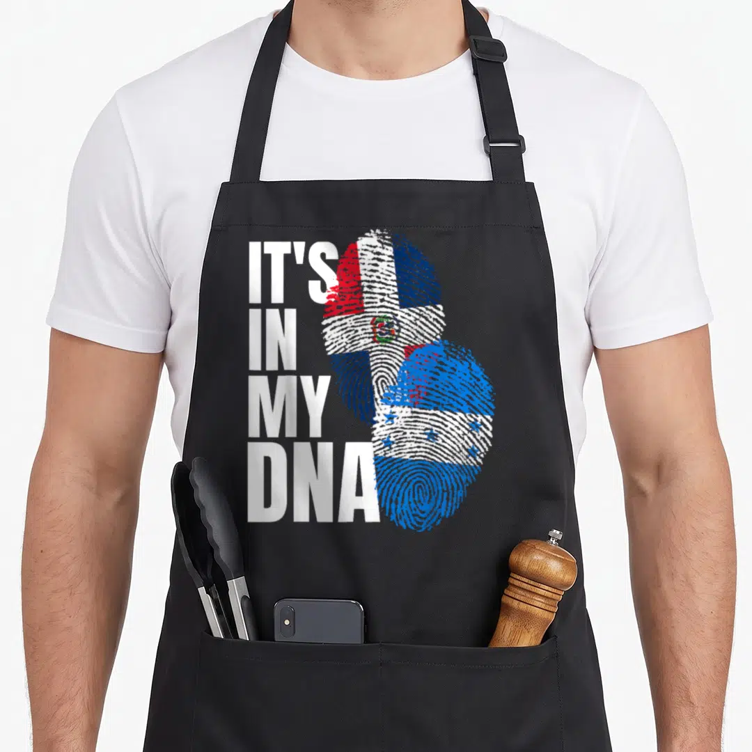 Honduran dominican heritage aprons - IT'S IN MY DNA text beside two fingerprints filled with Honduran and Dominican — shown on a black cotton canvas apron against a white background