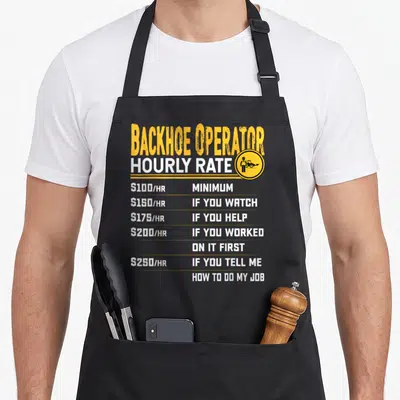 Operator heavy apron - Yellow and white text listing backhoe operator hourly rates from 100 to 250 dollars — shown on a black cotton canvas apron against a white background