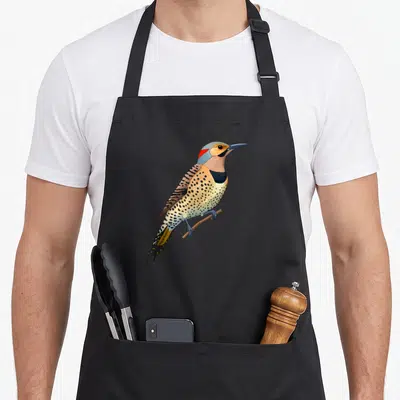 Shafted bird apron - Realistic woodpecker perched on branch with spotted chest and red neck patch — shown on a black cotton canvas apron against a white background