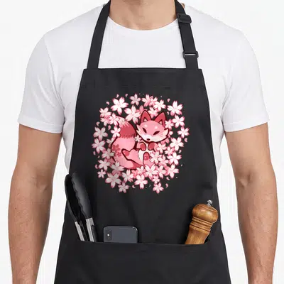 Blossom fox cherry print apron - Pink cartoon fox curled up surrounded by white and pink cherry blossom flowers — shown on a black cotton canvas apron against a white background