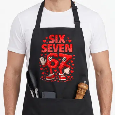 Meme valentine apron - Red number 67 character with limbs and shoes below stacked SIX SEVEN text surrounded by small — shown on a black cotton canvas apron against a white background