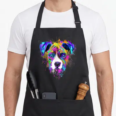Splash boxer dog apron - Multicolored watercolor boxer head with blue purple yellow pink green paint splatters — shown on a black cotton canvas apron against a white background