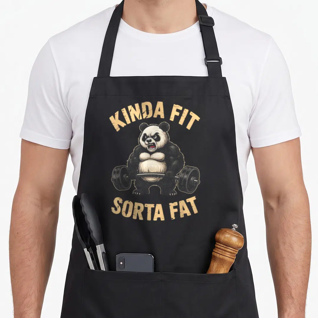 Kinda fat apron - Cartoon panda lifting barbell with kinda fit sorta fat text in tan black white grey — shown on a black cotton canvas apron against a white background