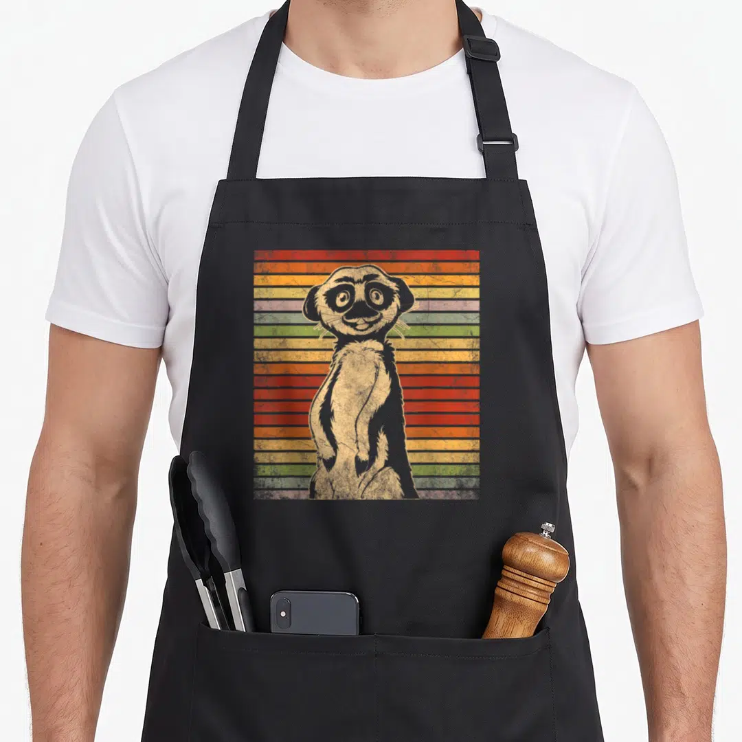 Meerkat apron for mom - Retro grey meerkat standing in front of red orange yellow green purple and grey horizontal — shown on a black cotton canvas apron against a white background