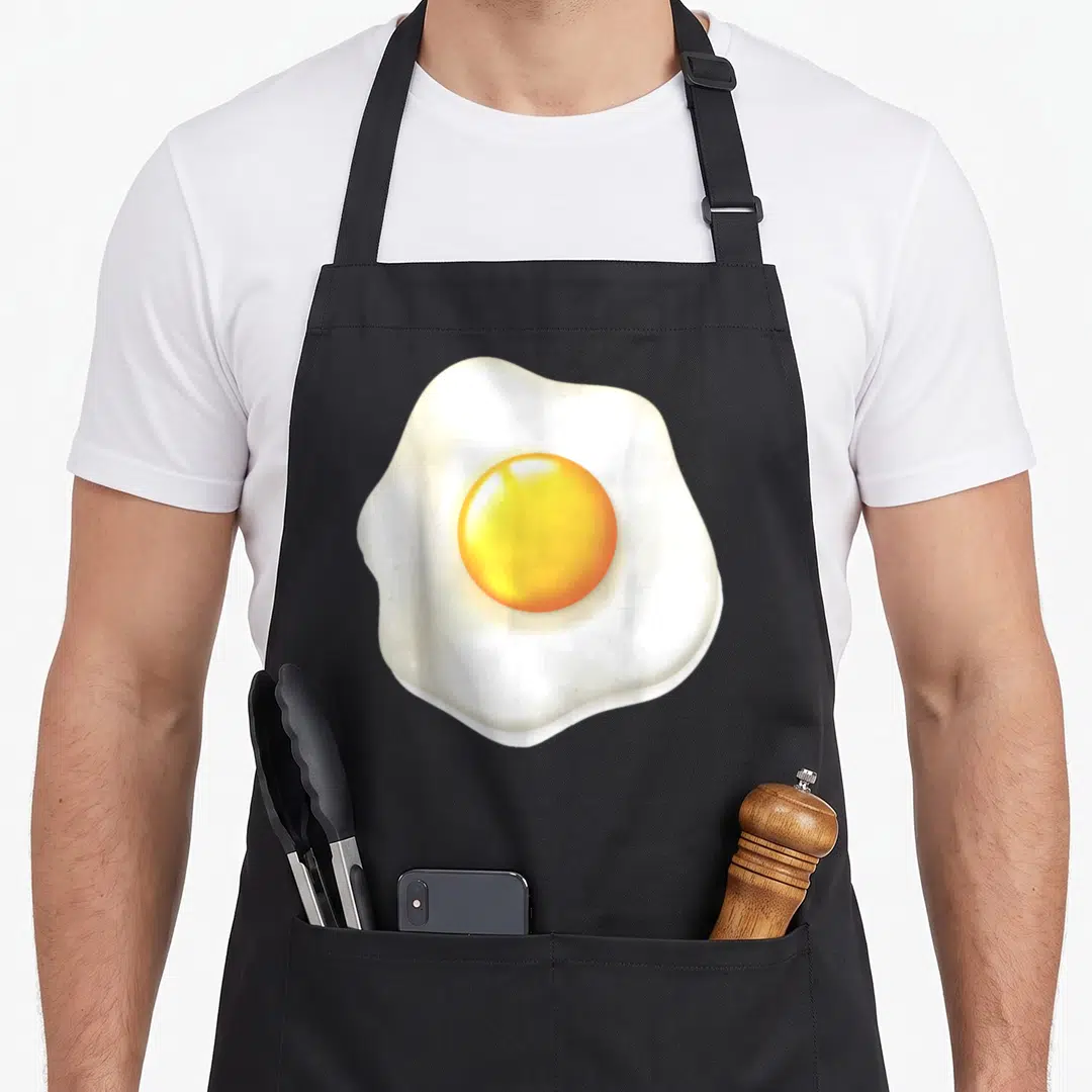 Costume egg apron - Realistic fried egg print with yellow yolk and white edges on black fabric — shown on a black cotton canvas apron against a white background