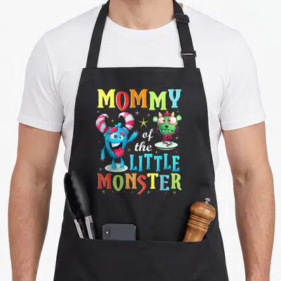 Monster birthday family aprons - MOMMY of the LITTLE MONSTER text with two cartoon monsters and stars in blue green red — shown on a black cotton canvas apron against a white background