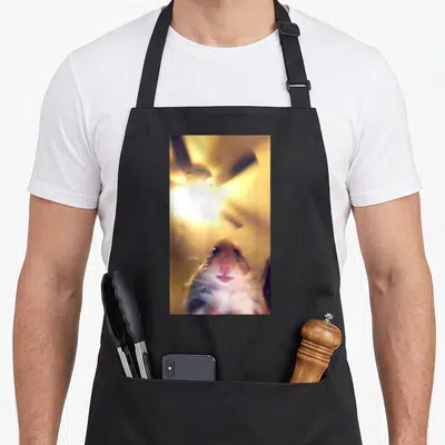 Hamster meme apron - Hamster photo with brown white fur and yellow ceiling fan background — shown on a black cotton canvas apron against a white background