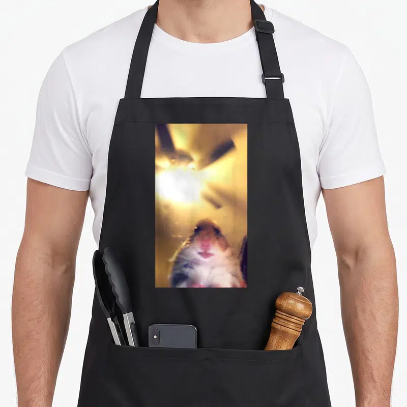 Hamster meme apron - Hamster photo with brown white fur and yellow ceiling fan background — shown on a black cotton canvas apron against a white background