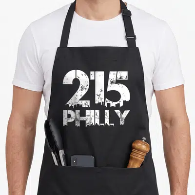 Area phillies apron - White 215 Philly text with skyline silhouette and distressed effect on black fabric — shown on a black cotton canvas apron against a white background
