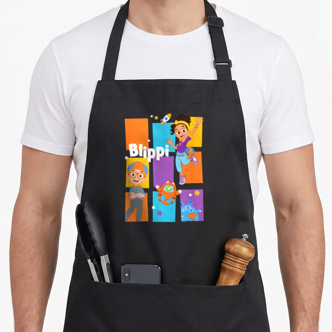 Blippi rocket apron - Cartoon characters and robot on orange blue purple yellow rectangles with centered white Blippi — shown on a black cotton canvas apron against a white background