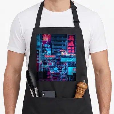Funny streetwear apron - Neon city scene with Francis Hotel sign, Puma logo, and traffic in blue red pink — shown on a black cotton canvas apron against a white background