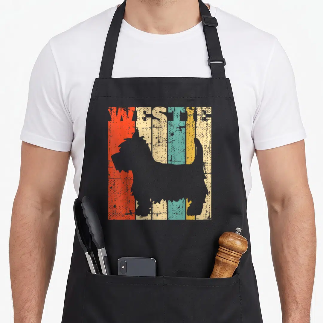 West highland westie apron - Grey Westie silhouette on red cream teal yellow and grey vertical stripes with distressed — shown on a black cotton canvas apron against a white background